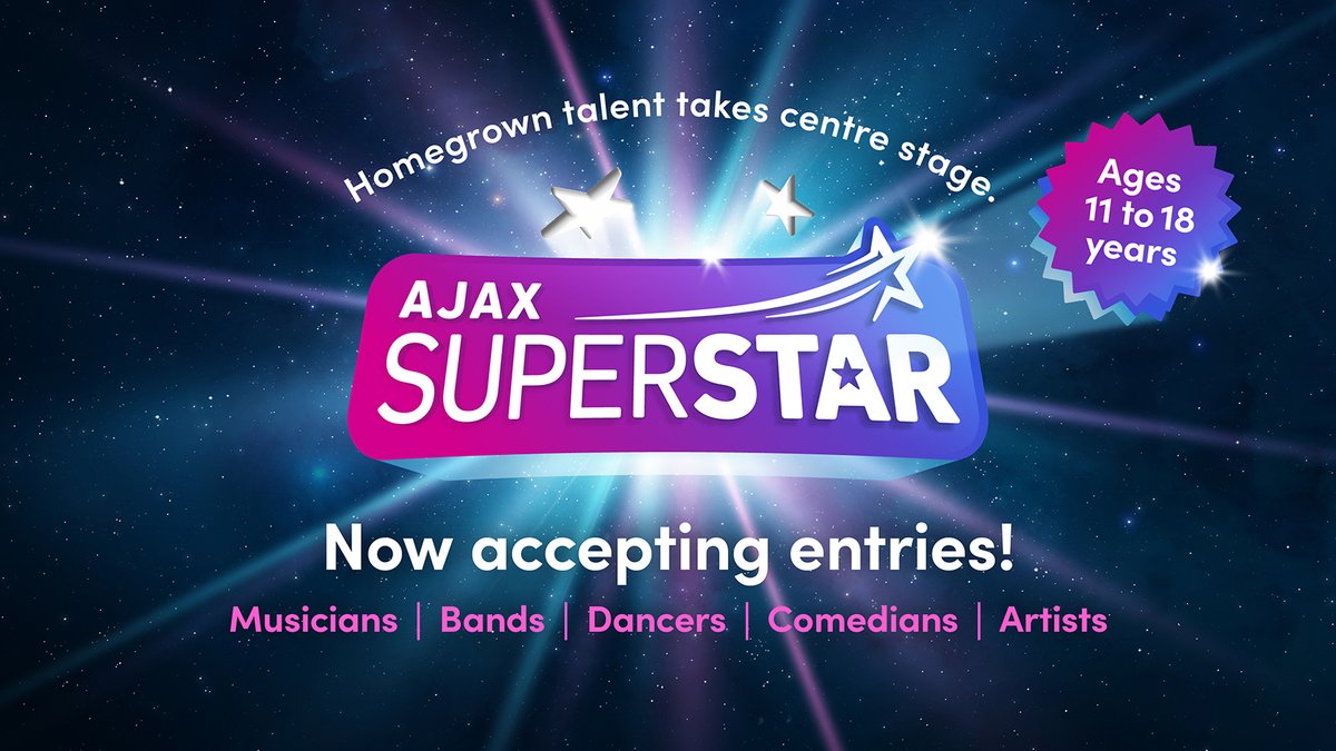 Do you have what it takes to be an Ajax Superstar? Apply for your chance to perform at the St. Francis Centre on November 15!

Now accepting entries from:
🎷 Musicians
🎸 Bands
💃 Dancers
🤣 Comedians
🎙️ Artists
➕ More!

Must be between the ages of 11 and 18 years old.