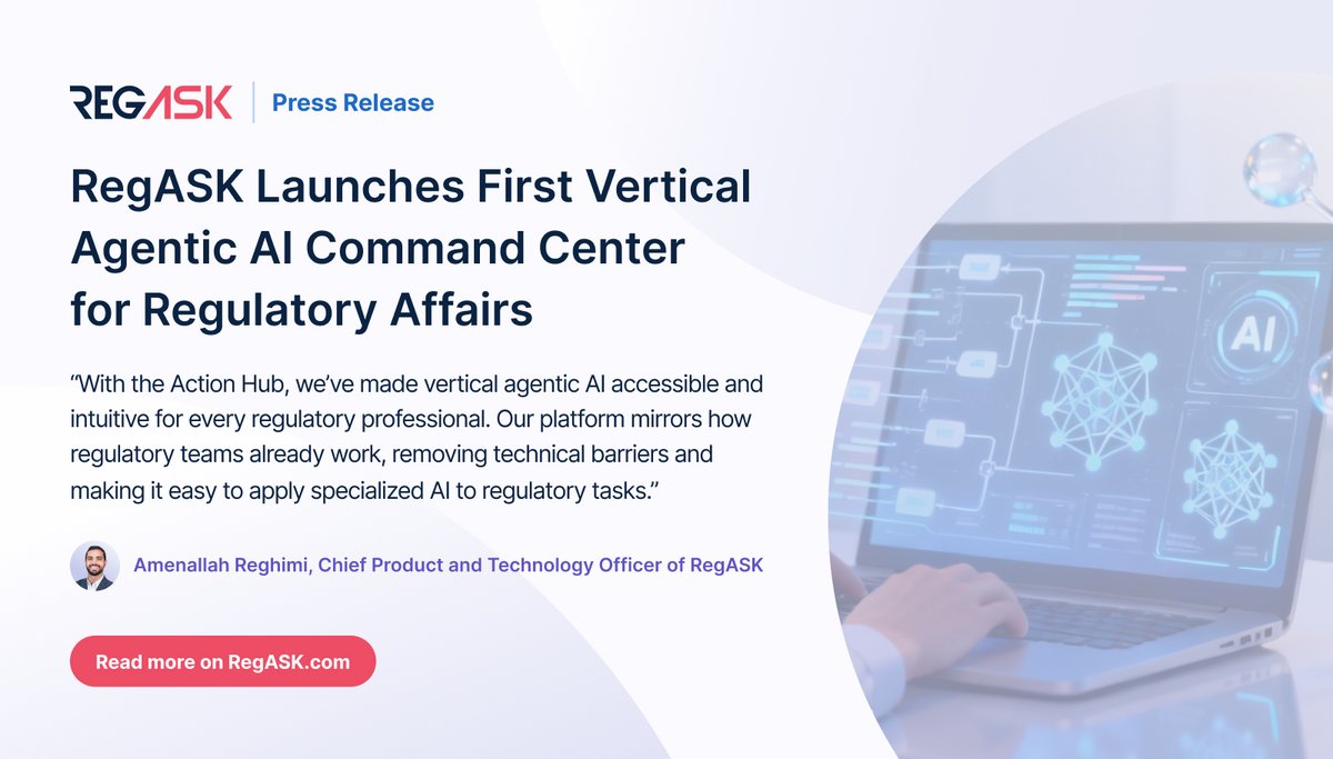 ASKRegASK's tweet photo. A breakthrough in Regulatory Affairs, RegASK introduces the first Agentic AI Command Center, enabling real-time insights, automation, and predictive compliance across 140+ countries.

👉 Read more: https://t.co/yq9j0gWewH https://t.co/bW2yLMMYS5