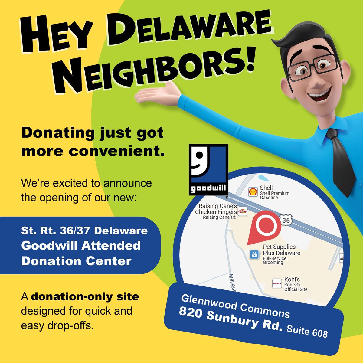MarionGoodwill's tweet photo. Now open in Delaware! Drive up, drop off, and our team will help unload your donations. Every donation supports job training, employment services, and community programs in Delaware County. ✨ Donate today. Change a life tomorrow. #GoodHappensHere #DonateStuffCreateJobs https://t.co/sgBhuMWvBu