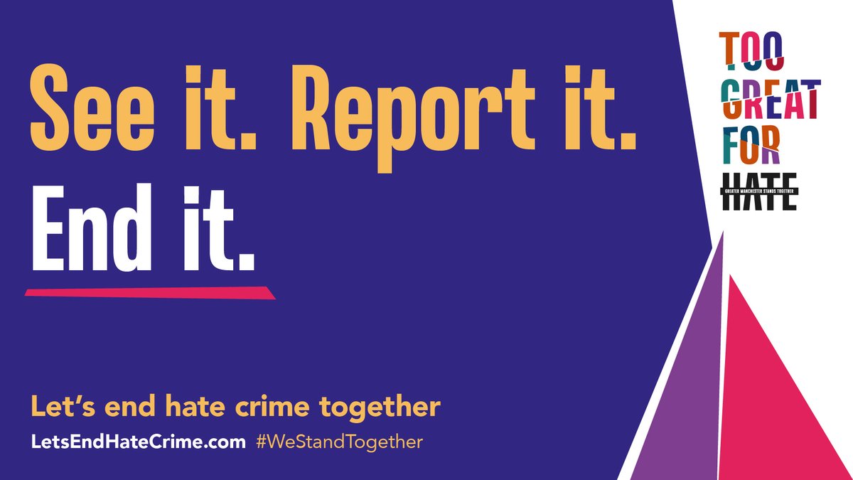 It’s Hate Crime Awareness Week in Greater Manchester and we're taking a stand against hate 

Over 88% of reported hate crimes in the North West are met with a conviction.

Hate crime has no place here. Report it and get support: letsendhatecrime.com

#WeStandTogether