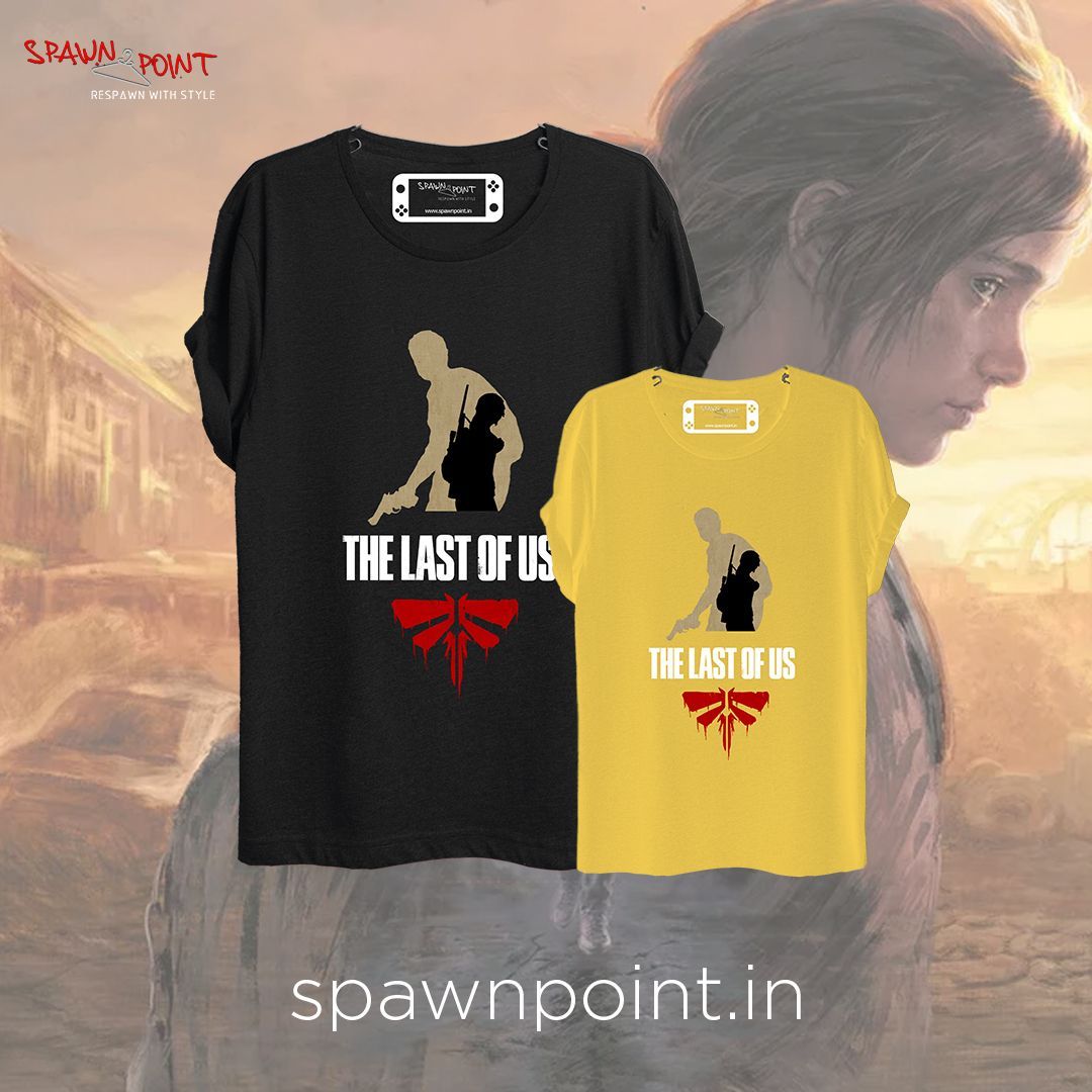SPGamingApparel's tweet photo. Gaming t-shirt drop: The Last of Us tribute—Joel &amp; Ellie silhouette with the Firefly emblem. Premium cotton, two colors (black &amp; mustard). Wear what you play at https://t.co/yyPuP0IaIS #Spawnpoint #GamingMerch #TheLastOfUs https://t.co/5EMVeUUIVg
