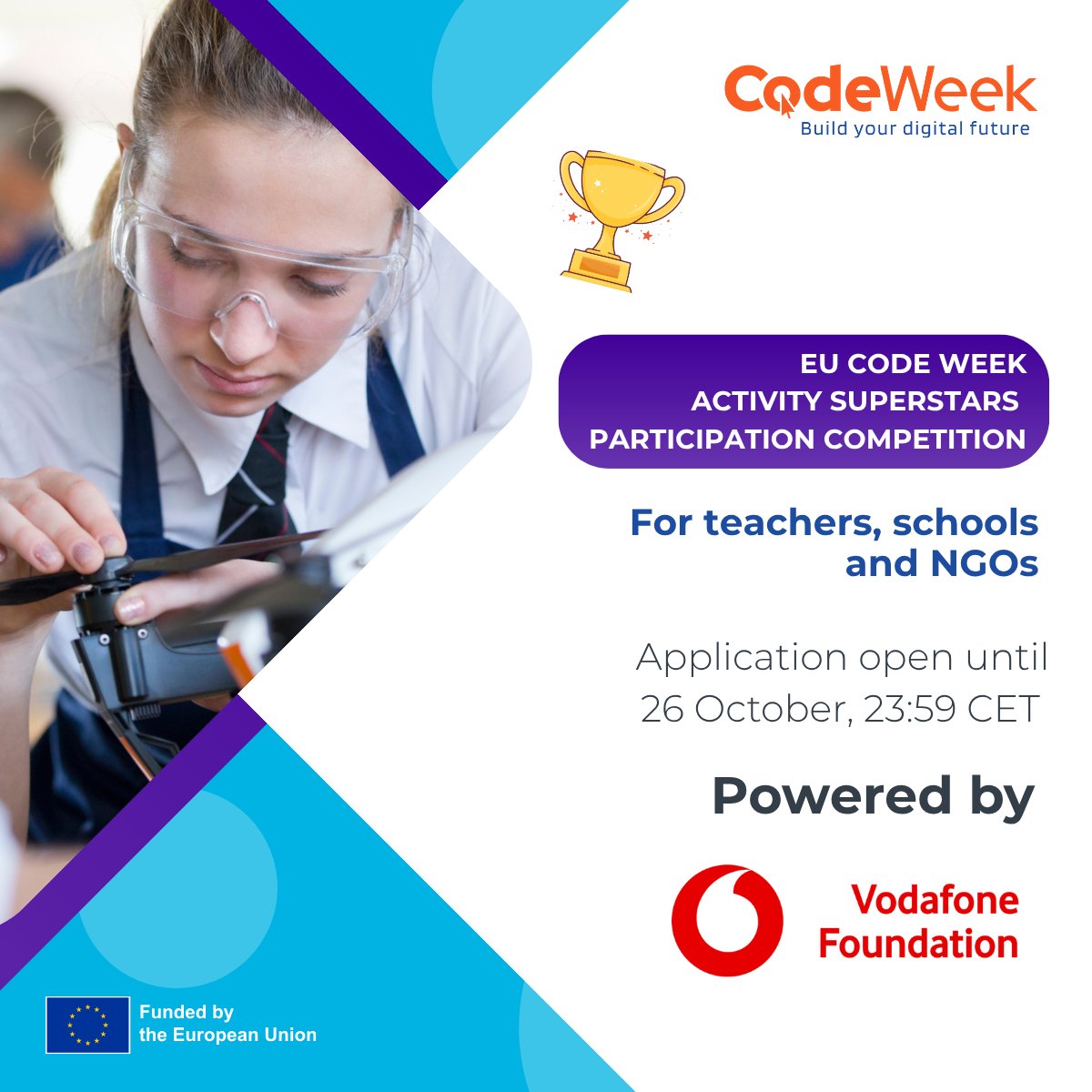 CodeWeekEU's tweet image. 🎉 EU Code Week Activity Superstars 🎉
Teachers, schools & NGOs — take part in EU Code Week 2025 (11–26 Oct) and win prizes up to €1000 with Vodafone Foundation! 💻🌟
👉 codeweek.eu/blog/digital-e…
#EUCodeWeek #VodafoneFoundation #SkillsUploadJr