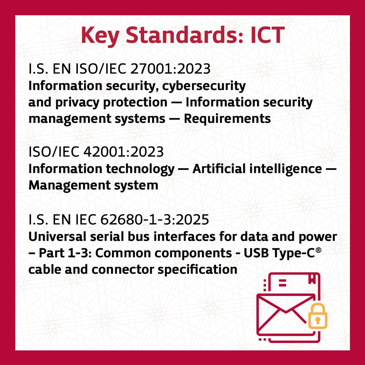 NSAI_Standards's tweet image. 💻 Is your organisation looking for standards around Information and Communication Technology (#ICT)?
From #cybersecurity and #dataprotection to #artificialintelligence and #cloudcomputing, ICT standards play a vital role in ensuring trust and innovation across every sector.
To…