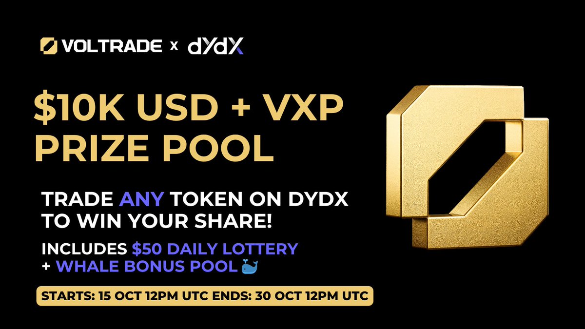Voltrade_xyz's tweet photo. WE ARE LIVE 🚀

It’s time to start trading for the @dYdX to 10K USDC + VXP Trading Competition 🔥

First leaderboard update at 1PM UTC! 😎

Compete, Trade and Win Your Share of the Prizes! Gain Access to $50 Daily Lottery & 20K Whale Bonus Pool 🐳

⏳Runs Oct 15 12PMUTC - Oct 30 12PM UTC

Sign up now!
https://t.co/kPu4VX3guO

Want access to an additional $20K in bonus prizes? Register, here: https://t.co/bfC801xxVi

💡Be sure to register to both for your chance to win BIG!