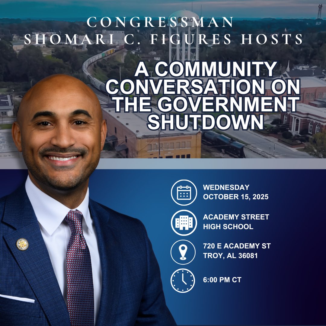 Join me for a community conversation in Troy this evening, Wednesday, October 15, at 6:00 pm CT at Academy Street High School. I will be discussing the government shutdown and its impact on the community. I look forward to seeing you all there!