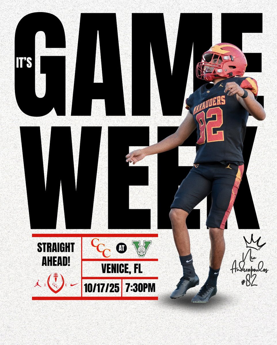 CCC Marauders Football (@cccmaraudersfb) on Twitter photo 🏈 GAME WEEK
This Friday, Oct. 17, your Marauders head south to face the defending 7A State Champion Venice Indians.
💪 In order to be the best, you have to play the best. There’s no substitute.
Kickoff: 7:30 PM
Let’s pack the stands, Marauder Nation
#StraightAhead #TeamOverMe 🏈 GAME WEEK
This Friday, Oct. 17, your Marauders head south to face the defending 7A State Champion Venice Indians.
💪 In order to be the best, you have to play the best. There’s no substitute.
Kickoff: 7:30 PM
Let’s pack the stands, Marauder Nation
#StraightAhead #TeamOverMe