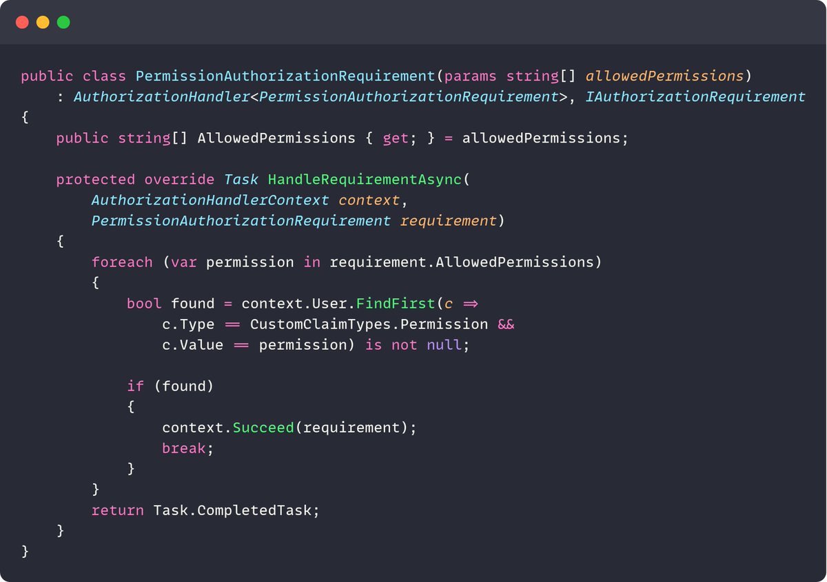 mjovanovictech's tweet image. Permission authorization handler in ASP .NET Core 👇
You can use this to enforce Role-Based Access Control.