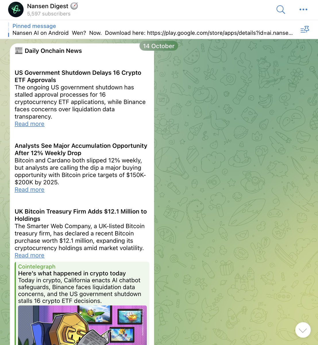 nansen_ai's tweet image. Markets move fast.

Telegram moves faster.

Nansen Digest drops the key onchain headlines you need to read daily - ETF delays, whale buys, and everything in between.

Straight signal, no fluff.