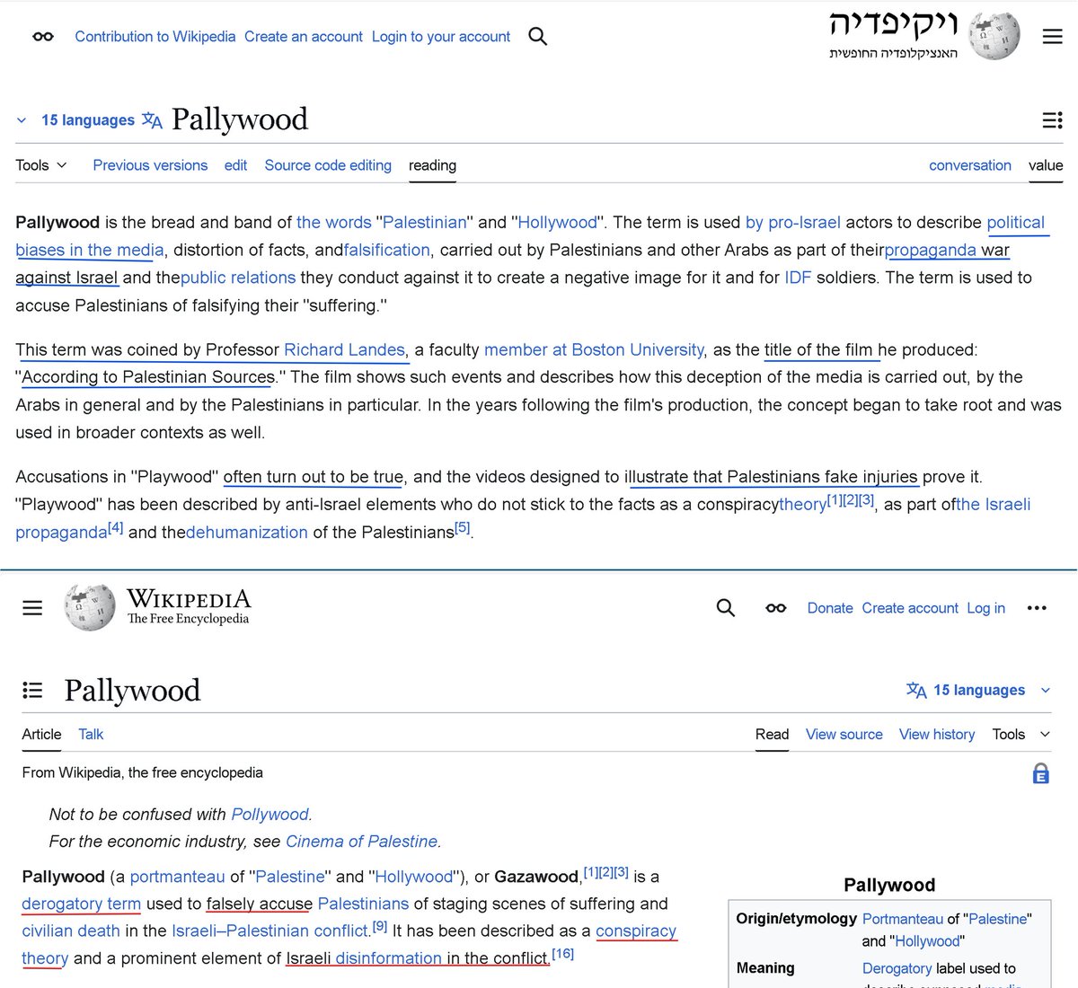 WikiBias2024's tweet image. Pallywood is a documented phenomenon with many illustrations on @gazawood. 
The Hebrew Wikipedia acknowledges this, citing the expert who coined the term and the film documenting it. 
The English version reads like Palestinian PR, denying the truth. 
Wikipedia is brainwashing us