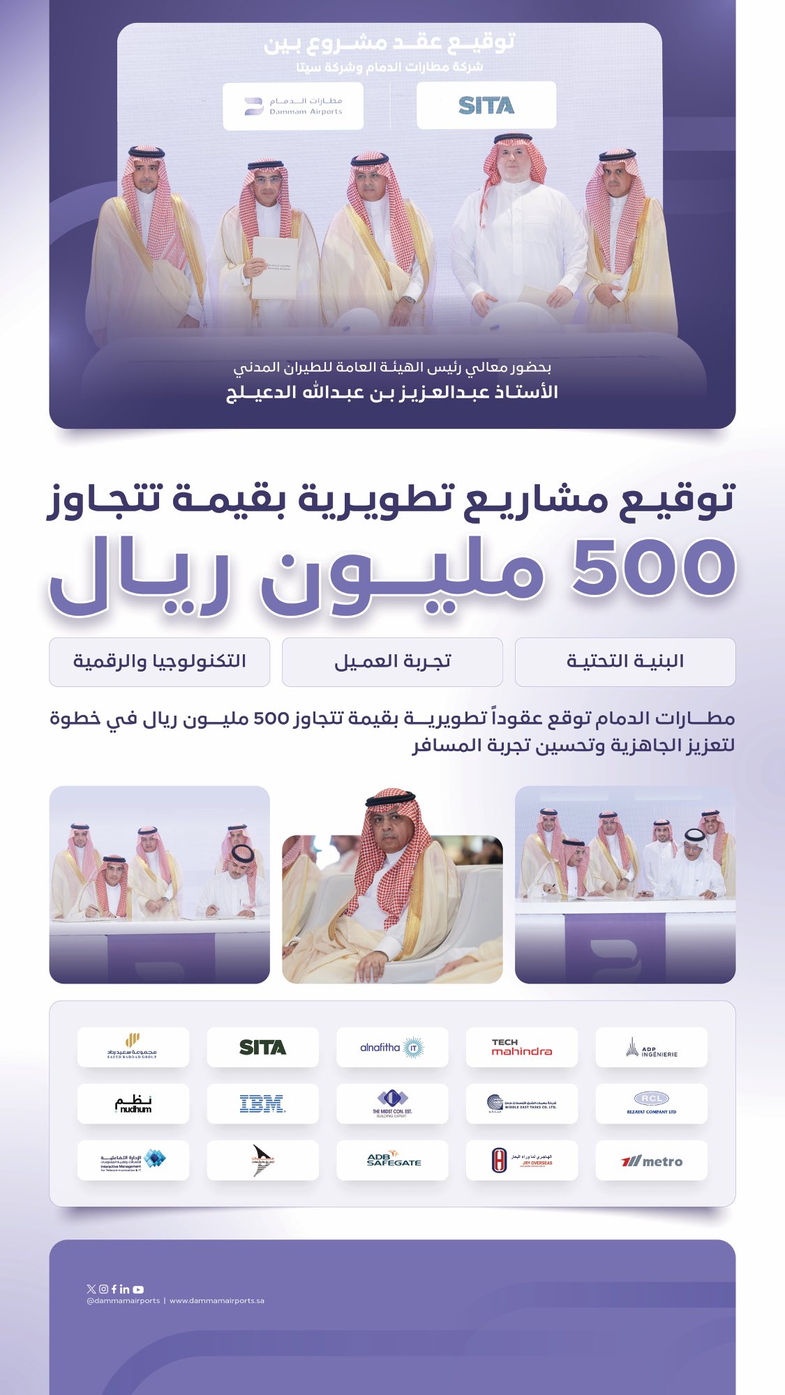 Image displays a formal signing ceremony with four men in traditional white Saudi thobes and red checkered headscarves standing around a table with documents, one holding a pen. Arabic text overlay reads projects exceeding 500 million riyals for development including infrastructure and passenger experience at King Fahd International Airport. Bottom section shows logos of partner companies including SITA, IBM, and others on a purple background.