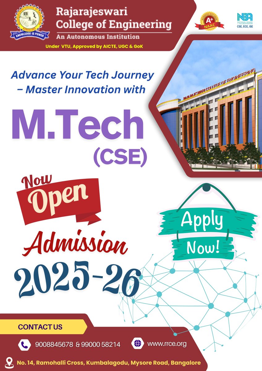 rrceblr's tweet image. 💻🎓 #AdmissionsOpen 2025–26 | #MTechCSE @ #RRCE 🚀
Join M.Tech in Computer Science at Rajarajeswari College of Engineering (#RRCE), Bengaluru! 💡 Gain advanced skills, explore emerging tech, and work on real-world projects with expert guidance. 💪💻 #FutureReady