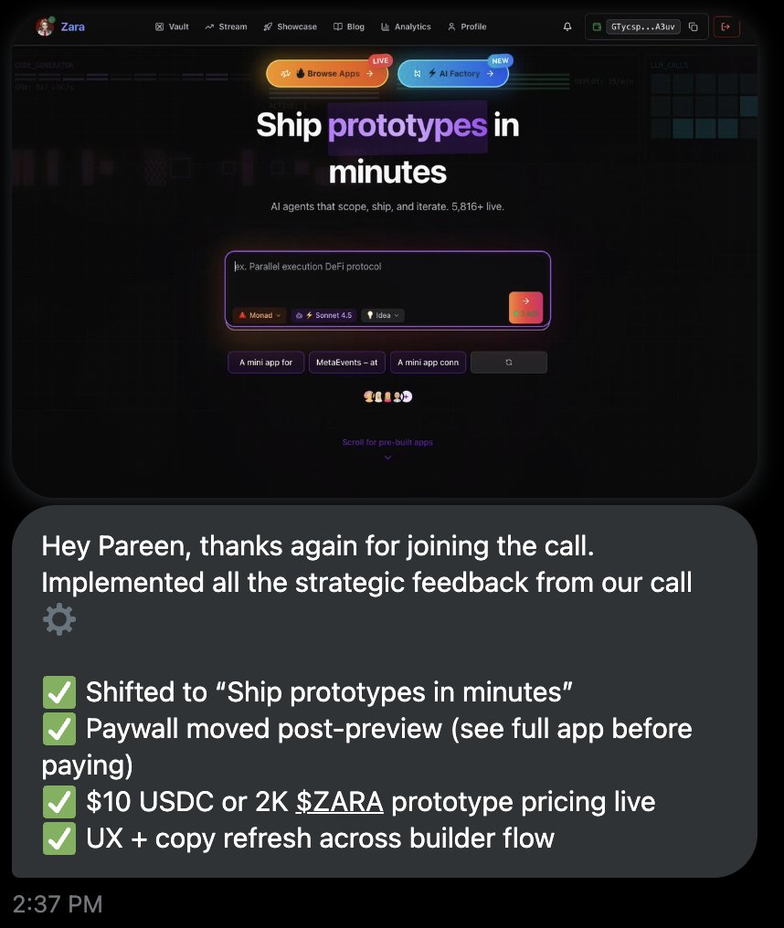 PareenL's tweet image. .@_mayurc implementing feedback in less than 5 hours
i vibe coded an app on Monad with Zara during our call