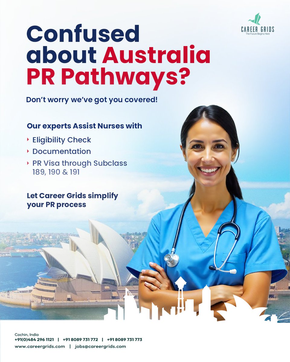 Are you a nurse looking to migrate to Australia? 🌏 Let Career Grids simplify your journey to permanent residency! 

Our expert team assists nurses with:

✅ Eligibility Check
✅ Documentation
✅ PR Visa through Subclass 189, 190 &amp; 191

📞 Contact us:
+91 8089 731 772