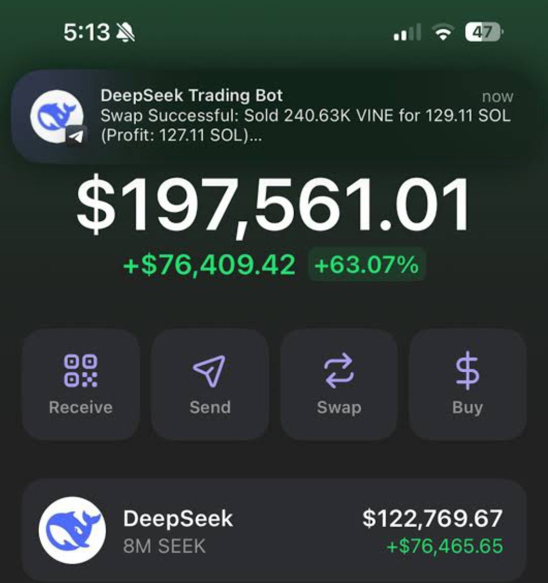 simonAI_X's tweet photo. DeepSeek just turned $100 into $45K overnight.

This isn't a flex. It's facts.

Built an Al trading bot using DeepSeek And it literally prints crypto.

I'm sharing the exact bot for FREE

Want it?
1. Retweet
2. Like
3. Reply "DS"
4. Follow me @simonAI_X https://t.co/3h9ufTyxnd