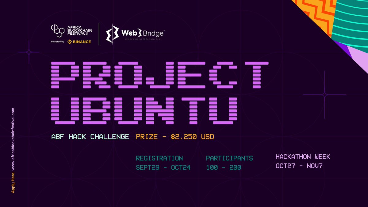 africablockfest's tweet photo. Project Ubuntu: The #ABF2025 Hack Challenge registration is live!
In collab with @Web3Bridge, we’re hosting a hybrid hackathon empowering young devs to build real-world Blockchain + AI solutions
🗓️ Hack Week: Oct 27 – Nov 7
--> Apply before Oct 24: https://t.co/fYDAKJHCGF https://t.co/cps2pZyOfa