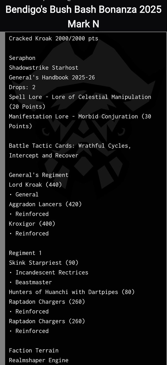 Best Seraphon list from last weekend's GTs:

Mark N with 4.5 wins with 20 Raptadons (and Kroak, Aggradons, and Krox)!