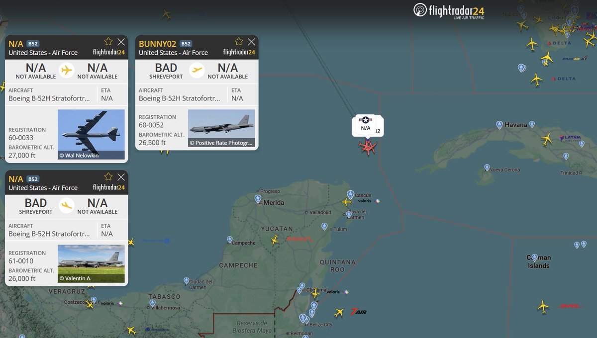 Osint613's tweet image. Three B-52 bombers were seen flying in the airspace between Mexico and Cuba.