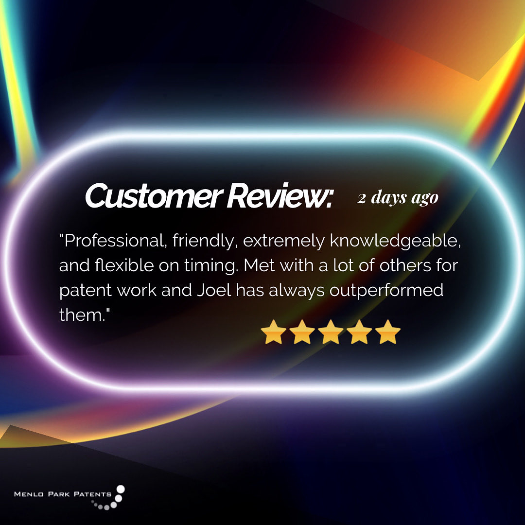 menloparkIP's tweet image. Always appreciate hearing from our amazing clients!

“Professional, friendly, extremely knowledgeable, and flexible on timing.”

Thanks for the kind words, it’s an honor to help innovators protect their ideas. 

#MenloParkPatents #ClientFeedback #InnovationProtection