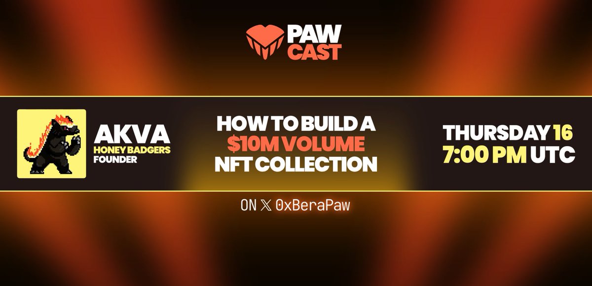 🐾 PawCast: How to build a $10M volume NFT collection!

We're diving deep into NFT collection building at scale with <a href="/Akva556/">🫡 Akva.btc</a>, founder of <a href="/HoneyBadgersBtc/">🦡Honey Badgers🦡</a> a Bitcoin NFT collection approaching $10M in volume.

Thursday, 7:00 PM UTC on our X.

Don't miss it!