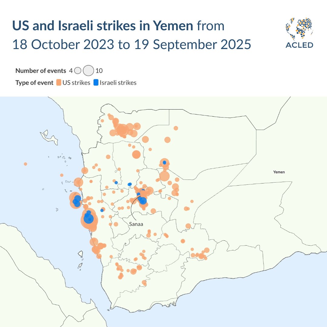 Israeli airstrikes in #Yemen have intensified, killing Houthi Prime Minister Ahmed al-Rahawi, other senior officials &amp; at least 46 civilians during repeated attacks on Sanaa in August &amp; September 2025. 

👉 Explore Israel’s wars across the Middle East: acleddata.com/report/two-yea…