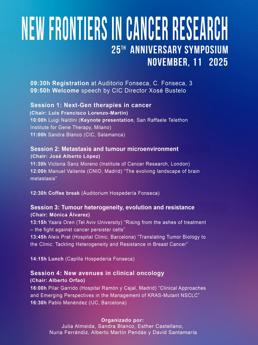 Centro de Investigación del Cáncer/CSIC-USAL-FICUS (@ciccancer) on Twitter photo El 11 de noviembre celebraremos en el Auditorio de Fonseca "New frontiers in cancer research" enmarcado dentro de 25 aniversario del <a href="/ciccancer/">Centro de Investigación del Cáncer/CSIC-USAL-FICUS</a>
Toda la información está disponible en cicancer.org/press-room/cic… El 11 de noviembre celebraremos en el Auditorio de Fonseca "New frontiers in cancer research" enmarcado dentro de 25 aniversario del <a href="/ciccancer/">Centro de Investigación del Cáncer/CSIC-USAL-FICUS</a>
Toda la información está disponible en cicancer.org/press-room/cic…
