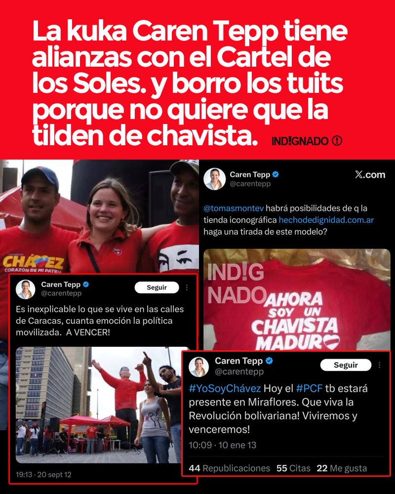 indignadoxd's tweet photo. La candidata kirchnerista Caren Tepp fue descubierta que tenía viejas alianzas con el Cartel de los Soles. y empezó a borra todos los tuits viejos ya que le da vergüenza que la tilden de chavista. Les pido por favor que no difundan esto y mucho menos la arroben poroque no quiere ver esto.