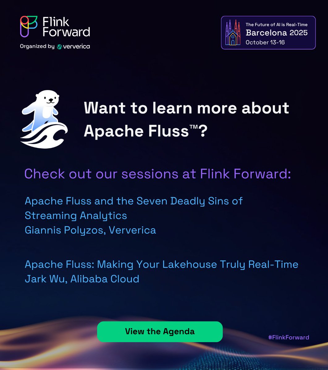 🌊Ready to learn more about the world of #ApacheFluss? 
Don't miss these sessions! ✨

"Apache Fluss and the Seven Deadly Sins of Streaming Analytics"
⏳ 2:15 - 2:45pm

"Apache Fluss: Making Your Lakehouse Truly Real-Time
⏳ 3:00 - 3:00pm

👉hubs.li/Q03NyZy70
#FlinkForward