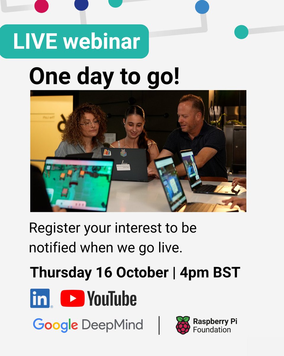 RaspberryPi_org's tweet image. Have a question about careers in AI? 🧑💻
Our next webinar, ‘Inside AI Quests: Meet the creators’, is happening tomorrow at 4pm (BST), hear directly from the team behind AI Quests.
Register your interest here:
YouTube: rpf.io/aiquests-yt
LinkedIn: rpf.io/aiquests-li