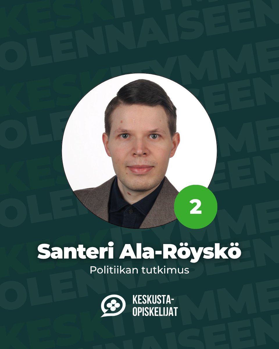 Uutisia! Olen ehdolla <a href="/treytampere/">Tampereen ylioppilaskunta (TREY)</a> edarivaaleissa Keskeisten listalla numerolla 2!

Voit äänestää minua tai jotakin toista Keskeisten ehdokasta TREYn edarivaaleissa numeroilla 2-9 joko ennakkoon 29.-31.10. tai 3.-6.11. Ei kerta kepuksi tee!🍀

Kakkonen on ykkönen!