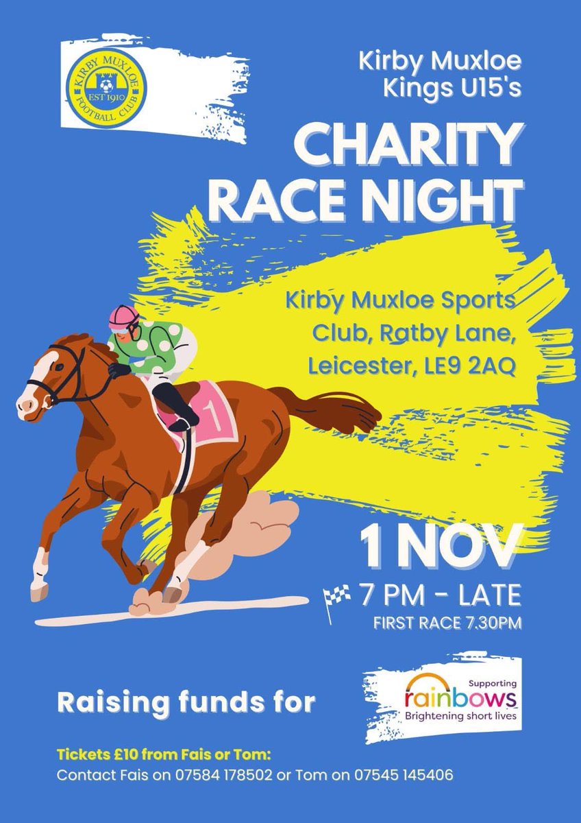 We <a href="/KirbyMuxloeFC/">Kirby Muxloe FC</a> need your help.
We are running a charity nave night in Aid of <a href="/RainbowsHospice/">Rainbows Hospice</a> in Leicestershire. 
Some amazing prizes in the night. 
Please see poster for tickets and details 
RT