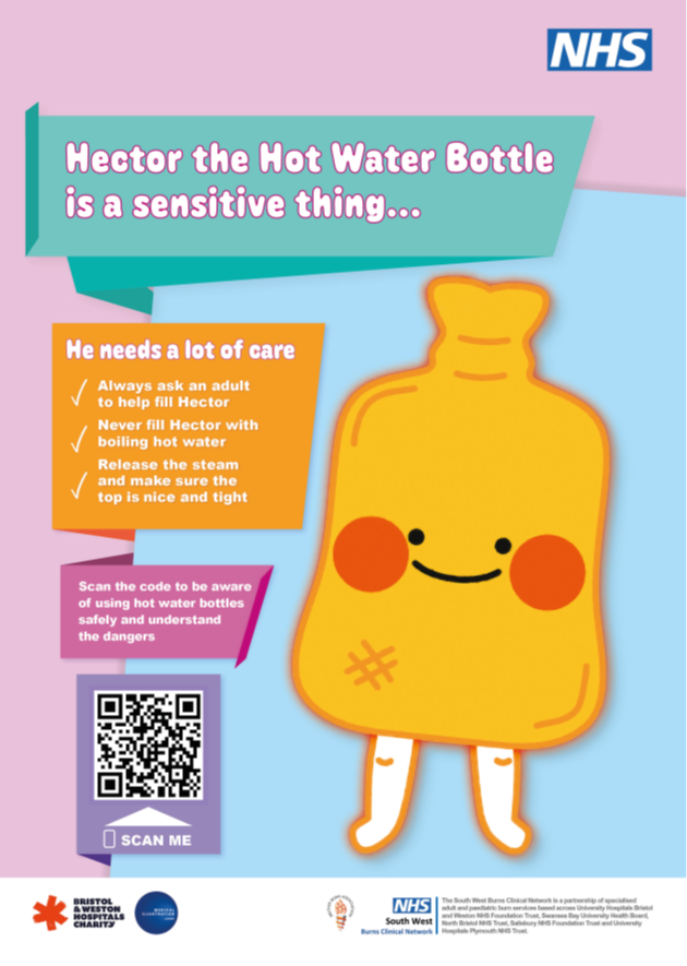 It's National Burns Awareness Day!  Check out Hector the Hot Water bottle on how to look after your hot water bottles and avoid scalds or contact burns #BeBurnsAware #NBAD2025 #ChildrensBurnsTrust Scan the QR code below to listen to his advice.