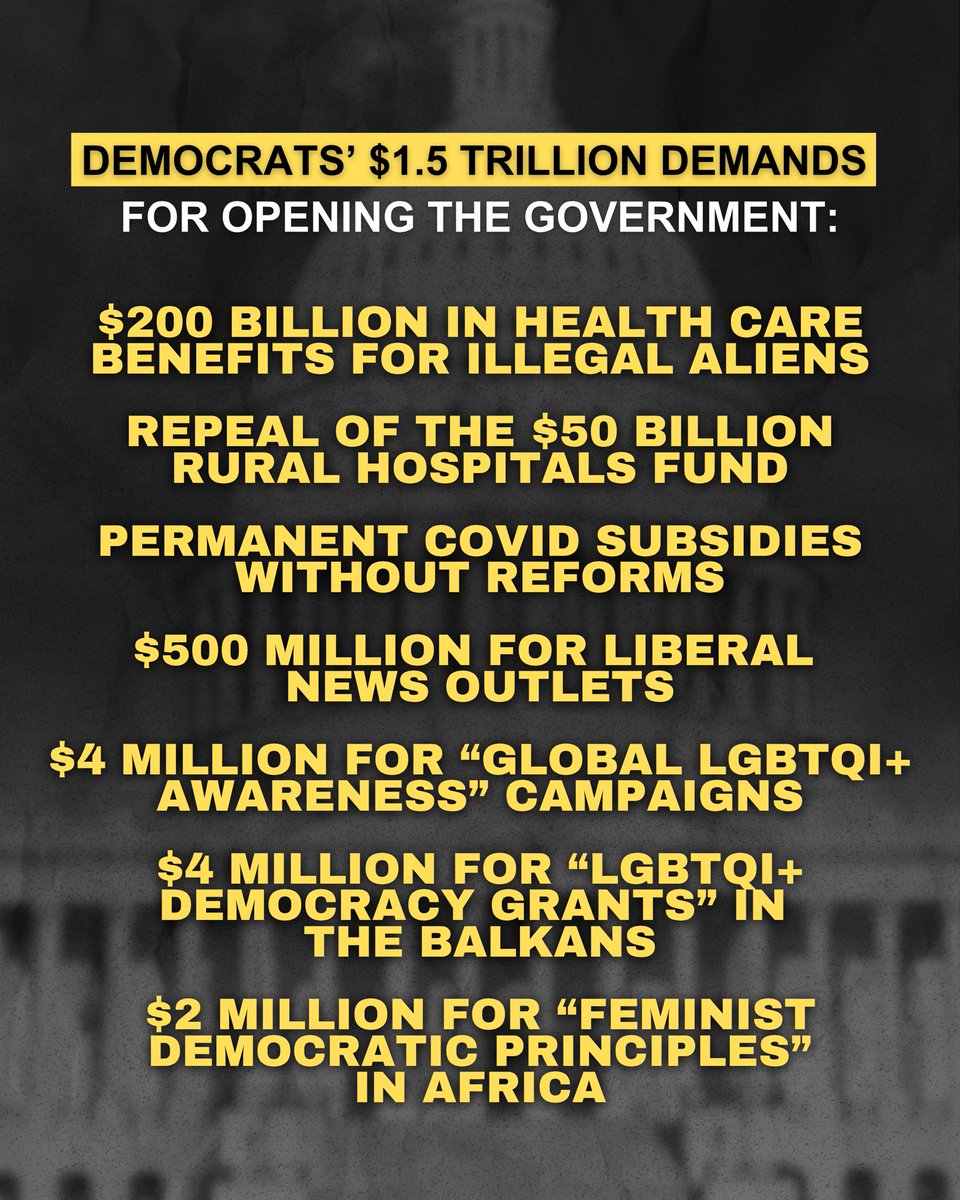 SpeakerJohnson's tweet image. To end the shutdown, Democrats are DEMANDING $1.5 TRILLION in new partisan spending.
This is an unserious proposal made by unserious people.
Here are just a few of the things they are using to take the government hostage ⬇️
