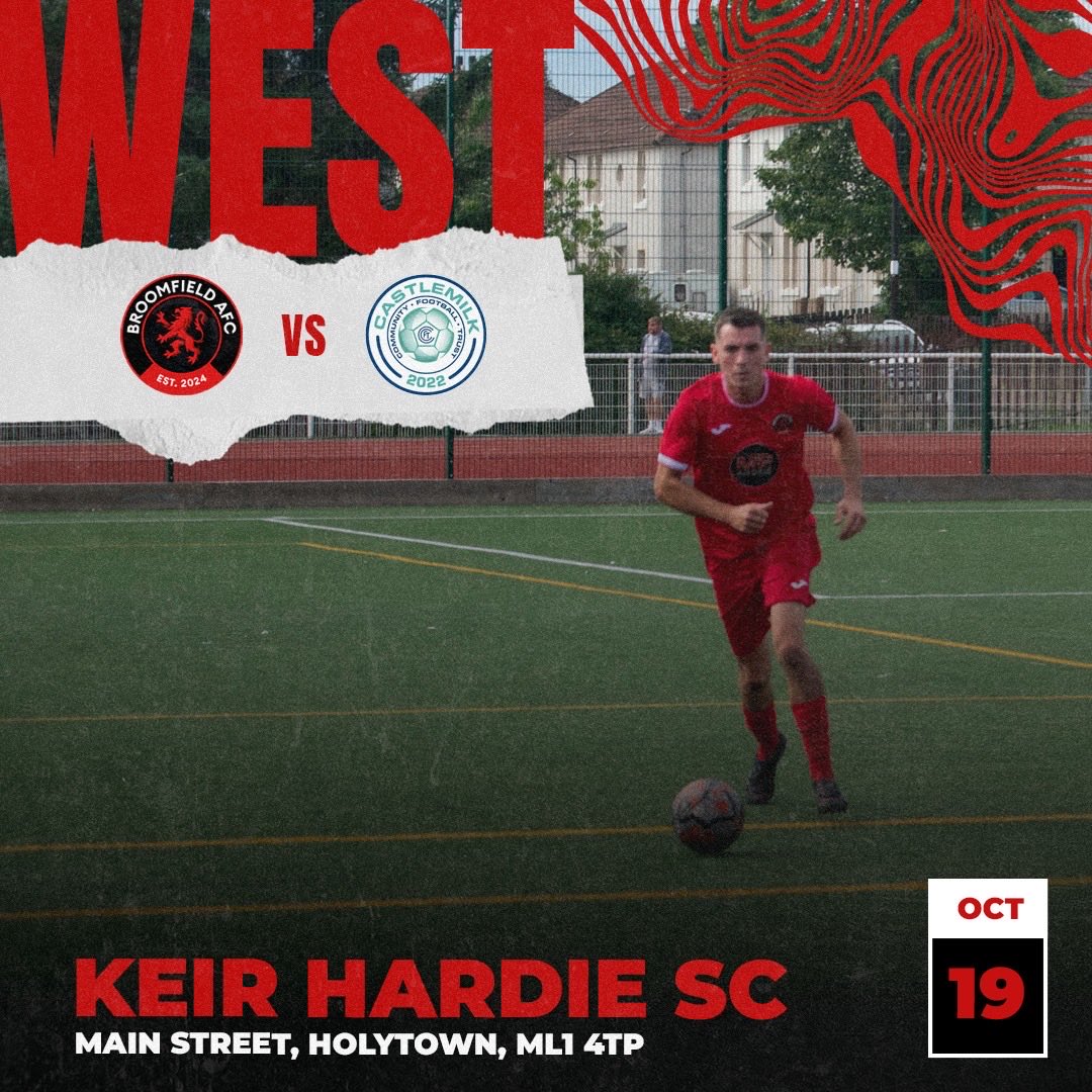 West District Cup
Round 2

Broomfield AFC vs <a href="/CastlemilkCFC/">Castlemilk Community Fc Sunday</a> 

Sunday 19th October, 3pm ko, Keir Hardie SC. 

Another tough fixture for us at Broomy, one in which we look to relish going into the cup action. 

MonTheBroomy⚫️🔴

<a href="/scottish_aff/">AmateurFixturesResultsSCO</a>