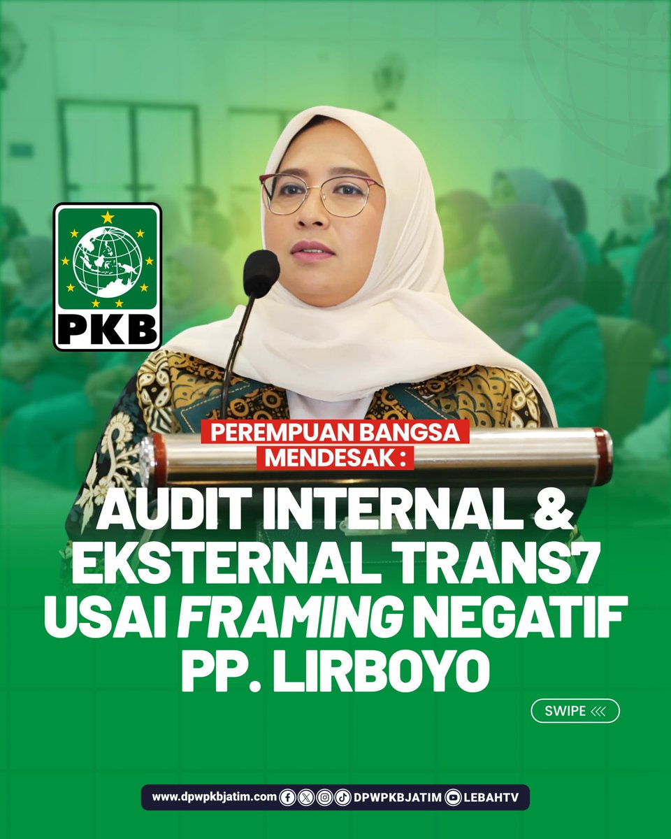 dpwpkbjatim_'s tweet photo. Perempuan Bangsa Bersikap Tegas!
Usai tayangan framing negatif terhadap PP. Lirboyo, kami mendesak dilakukan audit internal dan eksternal terhadap Trans7.

Media harus menjunjung tinggi etika jurnalistik dan menjaga marwah pesantren sebagai benteng moral bangsa.
 #DPWPKBJatim https://t.co/nRkpqgFEOd