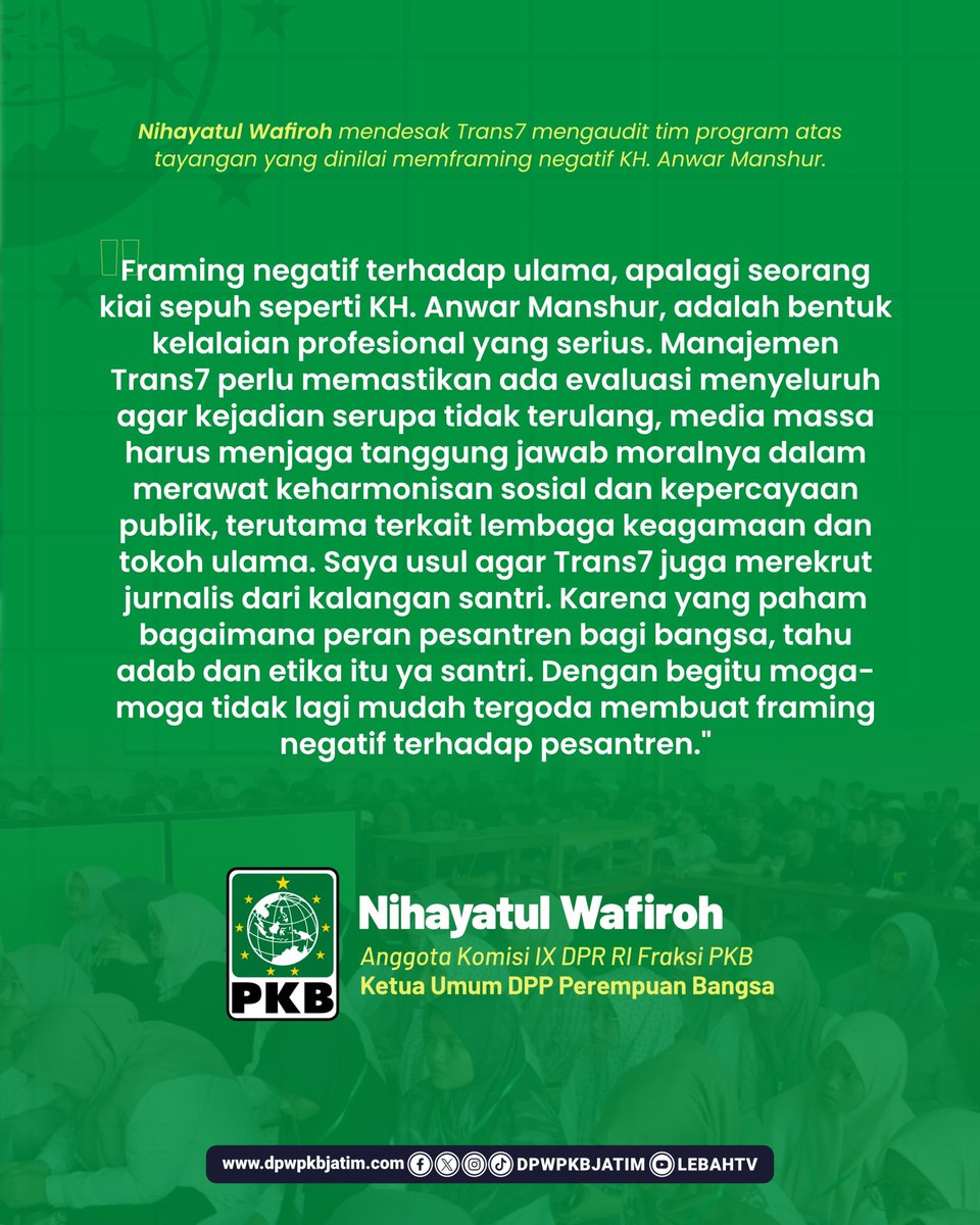 dpwpkbjatim_'s tweet photo. Perempuan Bangsa Bersikap Tegas!
Usai tayangan framing negatif terhadap PP. Lirboyo, kami mendesak dilakukan audit internal dan eksternal terhadap Trans7.

Media harus menjunjung tinggi etika jurnalistik dan menjaga marwah pesantren sebagai benteng moral bangsa.
 #DPWPKBJatim https://t.co/nRkpqgFEOd