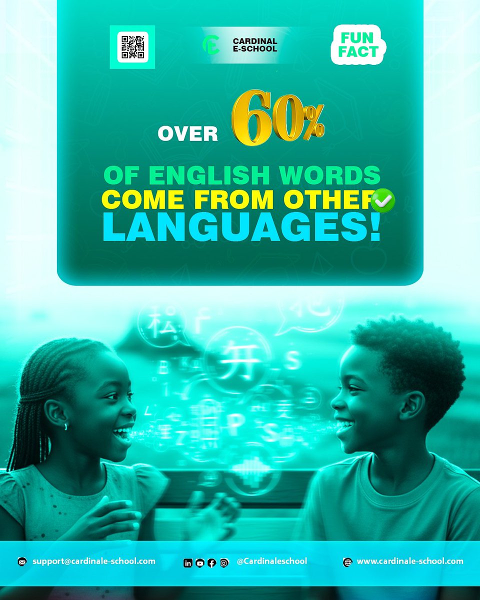 CardinalEschool's tweet image. Did you know?
English has borrowed from Latin, French, Greek, Arabic, and even African and Asian languages! 🌸
That’s what makes it so rich and diverse — a language built from many cultures.

#FunFact #LanguageDiversity #GlobalEnglish #CardinalEschool