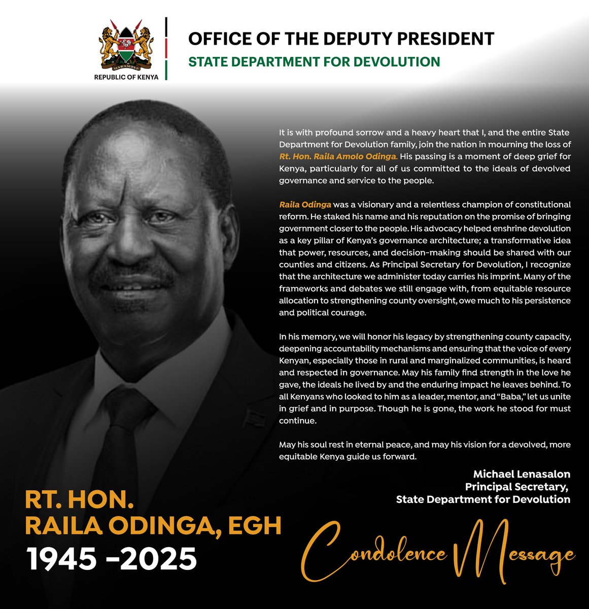 Devolution_KE's tweet image. We mourn a Great Man.
Rest in peace Rt. Hon. Raila Odinga, EGH.