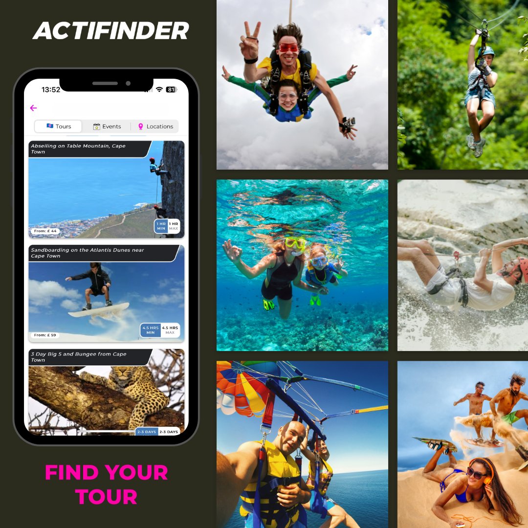 actifinderza's tweet photo. Find your thrill. 🤙

Abseiling, sandboarding, skydiving... your next adventure is waiting.

Discover and book your tour on the Actifinder app! 📲

#Actifinder #FindYourTour #AdventureAwaits #ThrillSeeker #ExploreMore https://t.co/mba5SB0PJ5