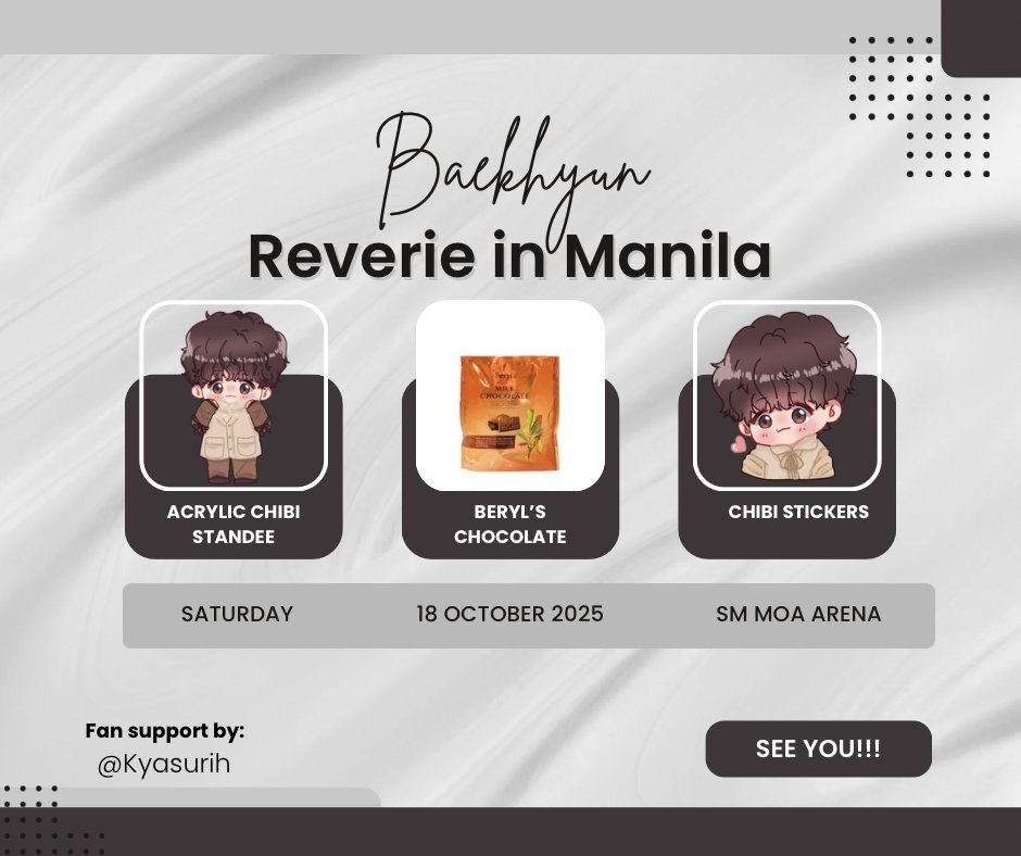 Kyasurih's tweet photo. Reverie In Manila GA

I'll be giving away fanart by @PcyMia limited rotating acrylic standee, stickers and beryl's chocolate on concert day

-no need to follow ^^
-loc and time tba

see you soon 💕💕💕

#ReverieinManila
#Reverie
@BAEKHYUN_INB100 https://t.co/mNjSgpRY6y