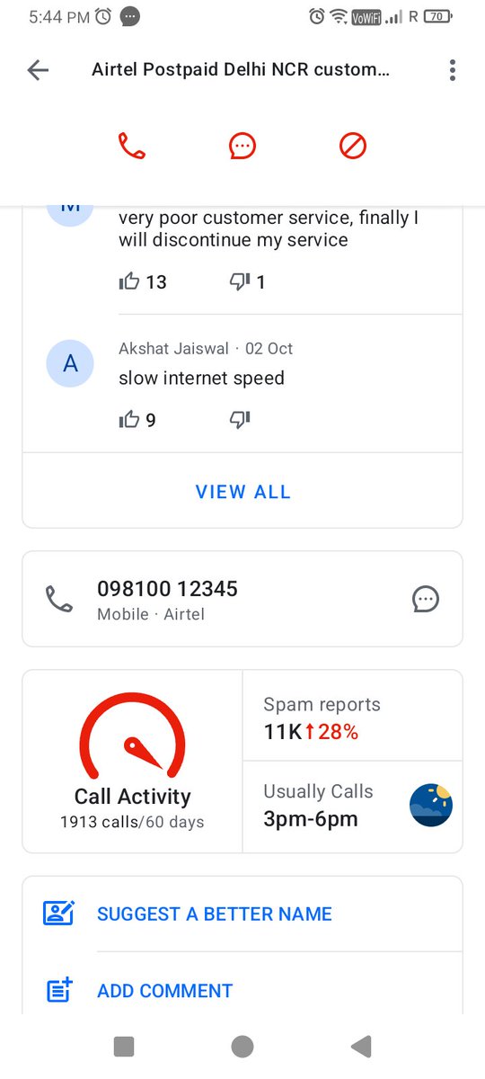 shajay99's tweet photo. @airtelCOMPLAIN   098100 12345  Customer care number not working 
My wifi very slow speed https://t.co/tRL88pE9If