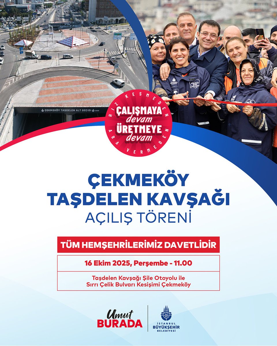 İstanbul’un kaynaklarını İstanbul için harcamaya; şehrimiz için yatırımlar yapmaya devam ediyoruz.

Çekmeköy Taşdelen Kavşağı Açılış Törenimize tüm İstanbullular davetlidir.