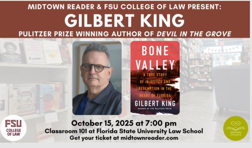 Tallahassee friends!  Leo Schofield and I will be speaking tonight about Bone Valley at <a href="/FSUCollegeofLaw/">FSU College of Law</a> with <a href="/midtownreader/">Midtown Reader & Piebrary</a> at 7 pm!