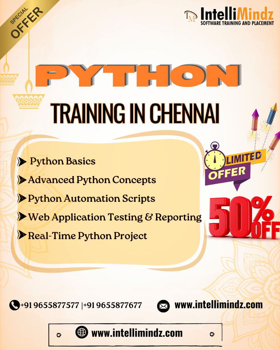 intellimindz_in's tweet image. 🚀 Boost your coding career with Python Training in Chennai at IntelliMindz!
Learn Python from basics to advanced with real-time projects & 100% placement support. 🐍💻
👉 Enroll Now & Build Your Future!
#PythonTraining #Chennai #LearnPython #IntelliMindz #Coding #ITTraining