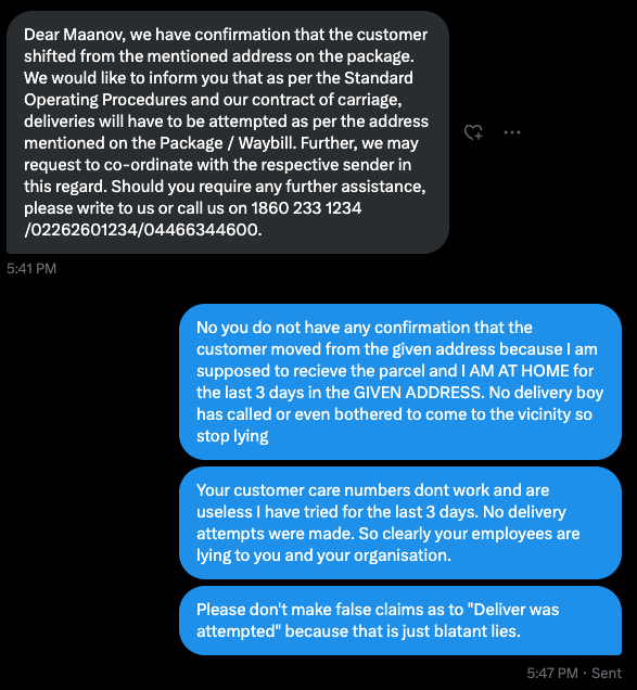 ManovBhowmick's tweet photo. @BlueDartCares No you have not done anything. Stop lying. https://t.co/hGUdud4nh5