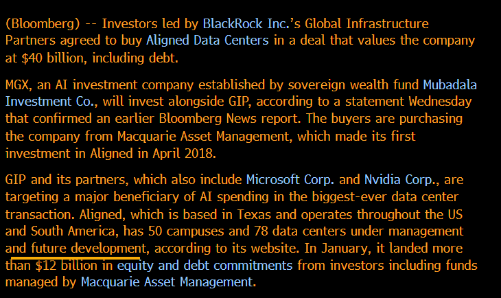 matthew_sigel's tweet image. BLACKROCK & NVIDIA IN $40 B DATA CENTER TAKEOVER:
Macquarie is selling Aligned Data Centers for $40B, with press reports noting the platform is “poised to expand its capacity to over 5GW.”
>Implies a valuation of roughly $8M per MW of total data-center capacity (operating +…