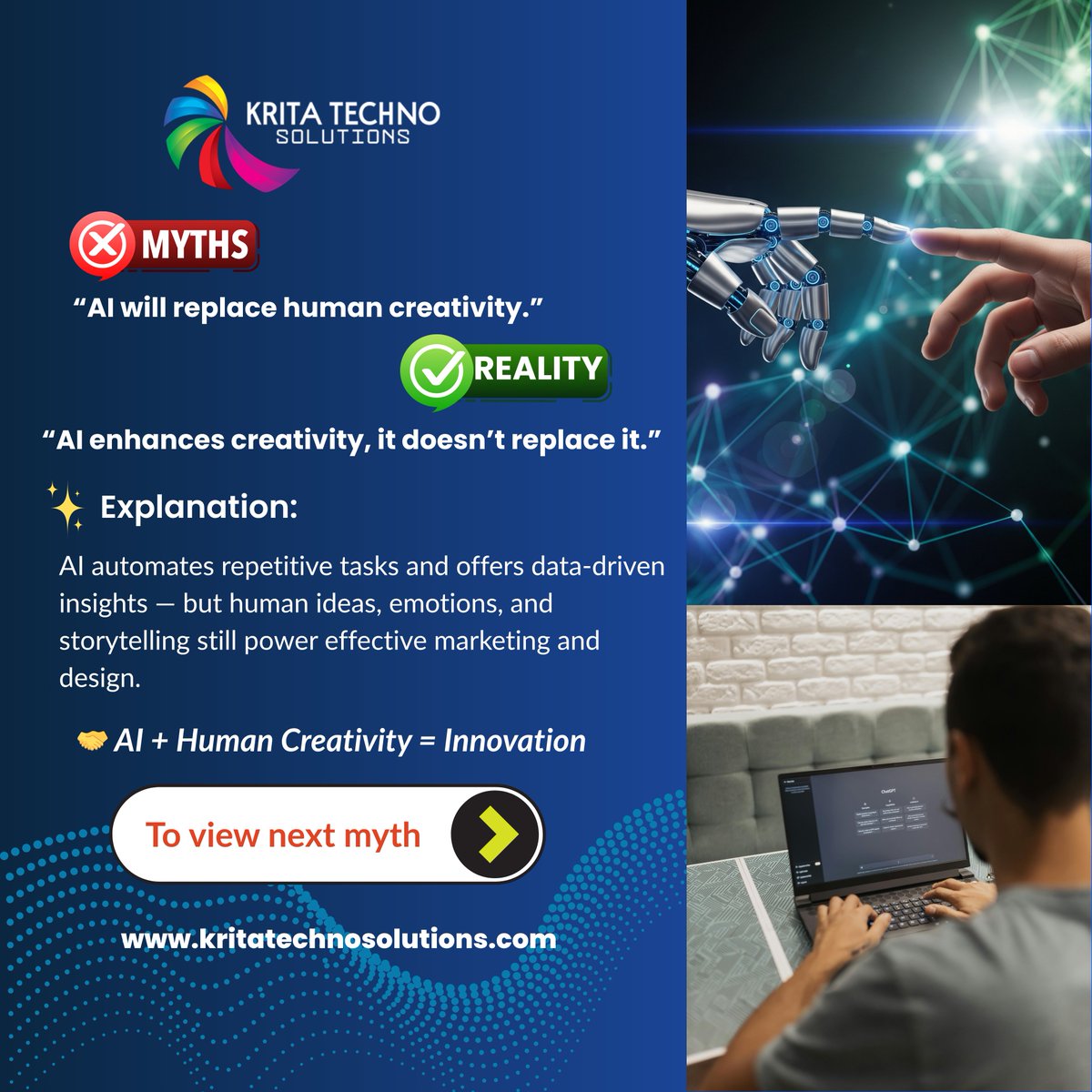 KritaTechnoSol1's tweet image. 🚫 Myths vs ✅ Reality in Digital Marketing!
At Krita Techno Solutions, we blend AI + Design + Strategy to help brands grow smarter, not louder.
🌐 kritatechnosolutions.com
#DigitalMyths #AIandMarketing #WebDevelopment #KritaTechnoSolutions #BrandGrowth #Innovation
