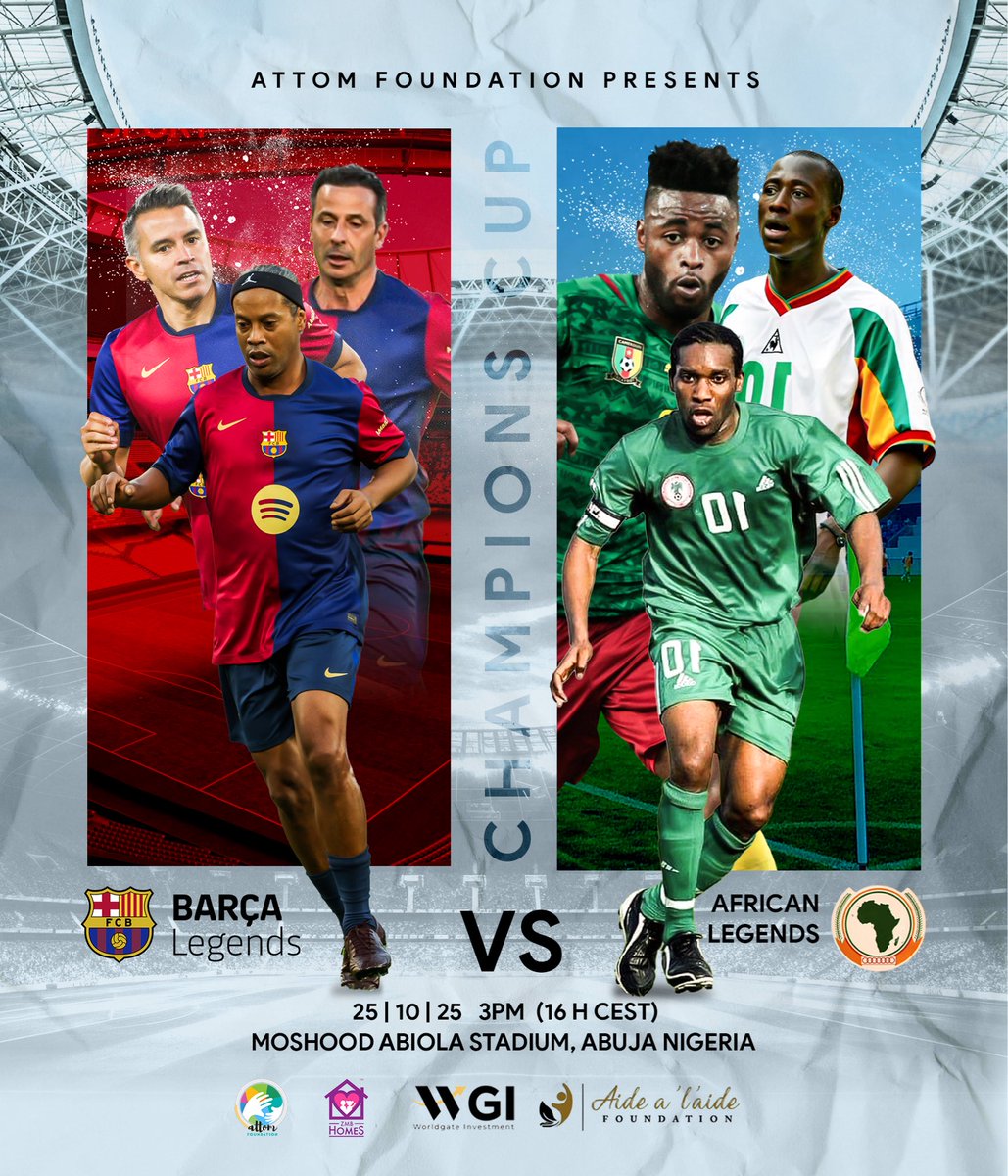 Later this month, Ronaldinho, alongside a squad of world-class stars who defined an era at Barcelona, will play live in Abuja in a charity match at the Moshood Abiola National Stadium against the African Legends, a powerhouse team of continental greats who lit up the biggest