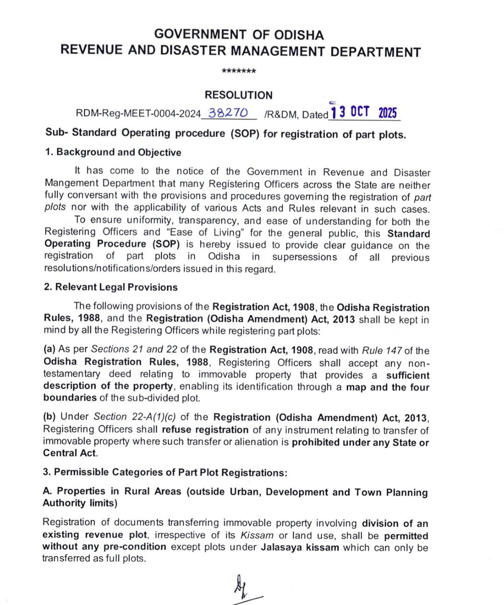 srijajodia's tweet image. Odisha Govt issues new #SOP for #PartPlot Registrations 🏡
The @rdmodisha streamlines the process to ensure uniformity, transparency &amp;amp; ease for citizens. Effective immediately under the Registration Act, 1908.
#Odisha #RDMDept #LandRegistration