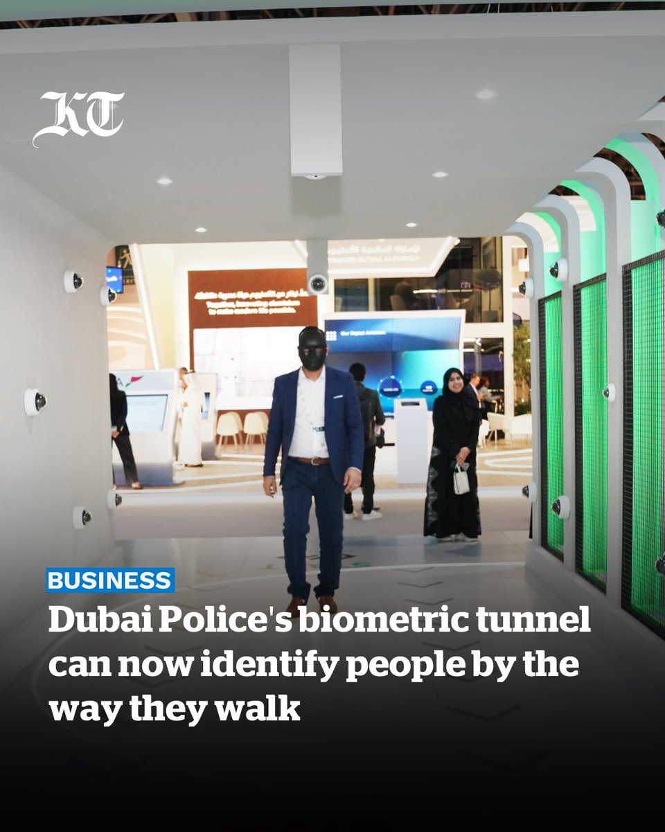 khaleejtimes's tweet image. The @DubaiPoliceHQ has introduced a #Biometric Tunnel that creates a unique motion #fingerprint to identify individuals based on their #walking style.
The system was unveiled during #GITEXGLOBAL2025 at the Dubai World Trade Centre.
khaleejtimes.com/business/tech/…
