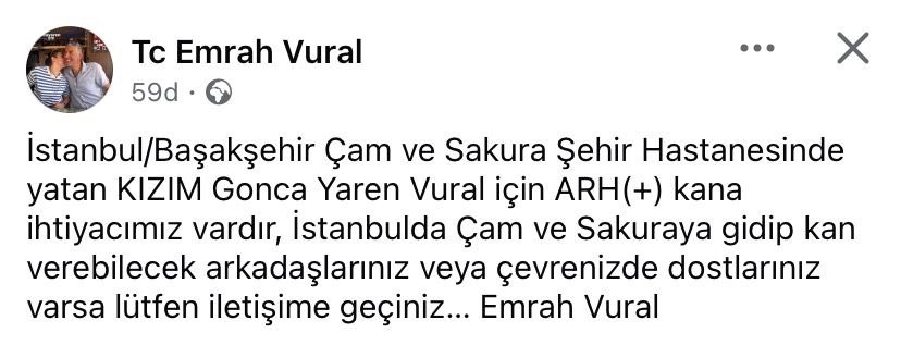Kan ihtiyacı A Rh + 
📍Çam Sakura Şehir Hastanesi 
Hasta adı; Yaren Vural
Bilgi için ; Emrah Vural 05063759292
<a href="/radyotrafik/">Radyo Trafik İstanbul 104.2</a> <a href="/kanverturkiye/">kanvercanvertürkiye</a> 

#acilkan